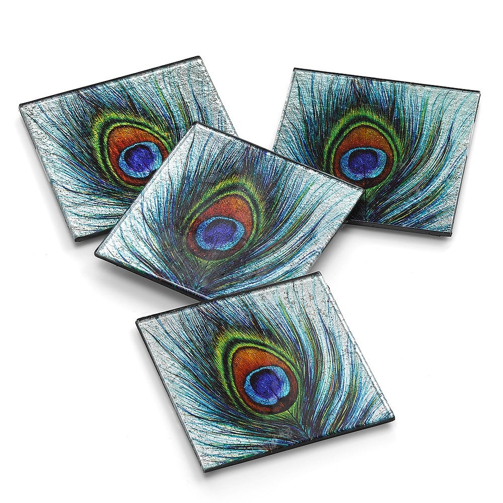 PEACOCK FEATHER #2 SET OF 4 COASTERS RUBBER WITH FABRIC TOP 