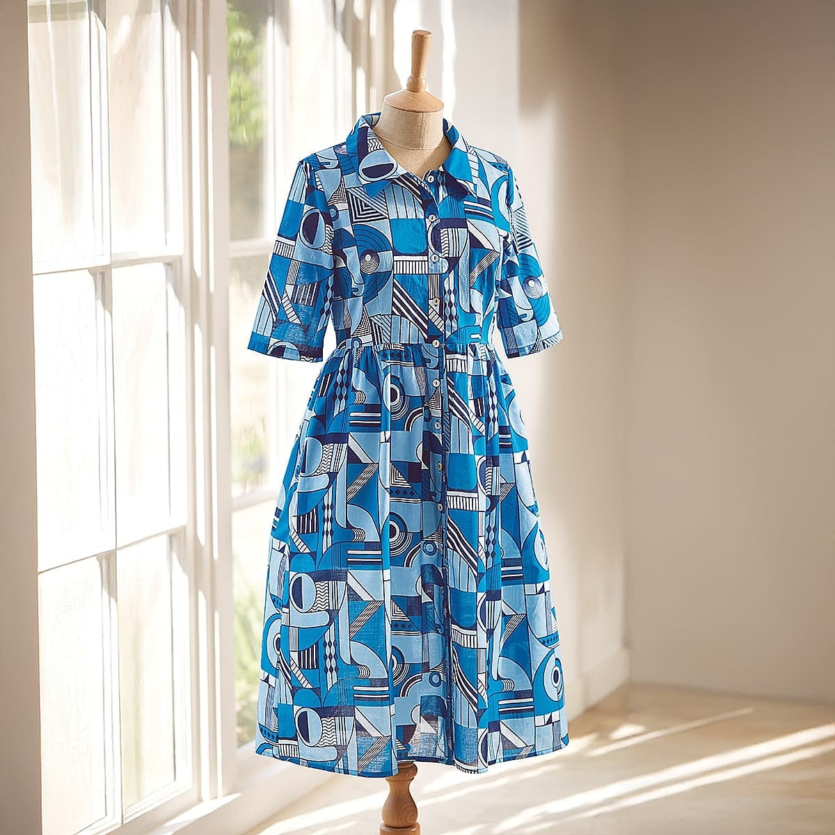 Art Deco Geometric Print Blue Cotton Dress | Museum Selection Art Deco Geometric Print Blue Cotton Dress | Museum Selection