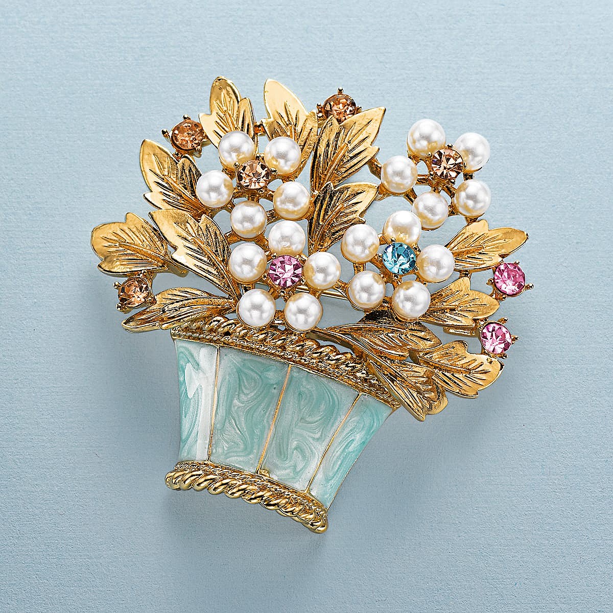 BROCHE VINTAGE PANIER FLEURS - Perles En Verre Sur Métal Doré, Accessoire D'occasion Chargé De Charme