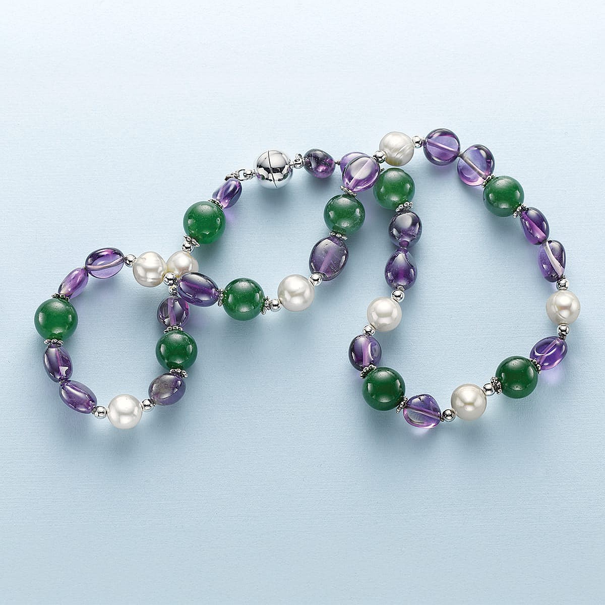 Suffragette Purple, Green & White Gemstone & Pearl Necklace 