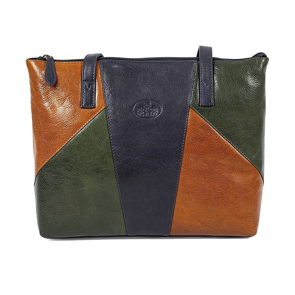 Blue, Tan Green Geometric Leather Handbag Museum Selection