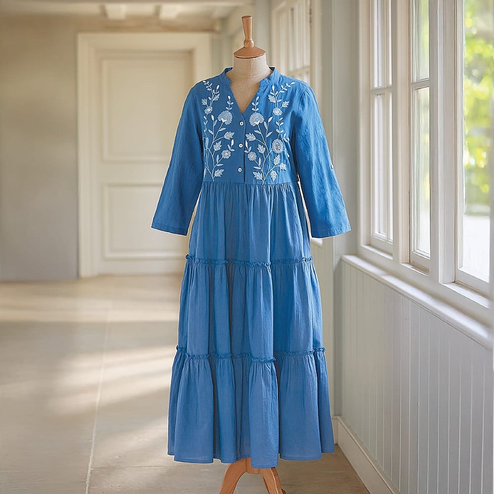 Embroidered Blooms Blue Cotton Maxi Dress | Museum Selection
